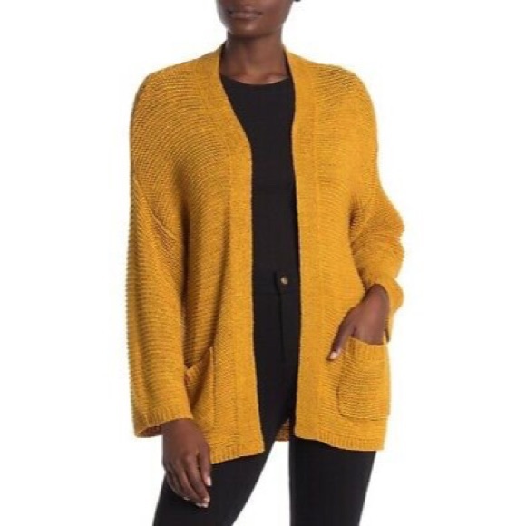 CENY Open Front Cardigan Mustard Yellow Patch Pockets Wide Sleeves - Picture 6 of 6